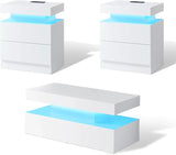 High Gloss 3 Pieces Living Room Table Set, Modern LED Coffee Table Sets