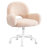 Vanity Chair Round Hollow Back Height Adjustable Faux Fur Wheels Arms Makeup Bedroom