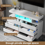 Modern White Dresser with LED Lights & Charging Station, 6 Drawer Storage