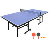 8 ft Blue Foldable Table Tennis Table Set, Portable Ping Pong Table with Net