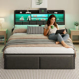 Full Upholstered Storage Bed Frame with LED Lights Charging Station