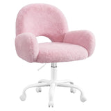 Vanity Chair Round Hollow Back Height Adjustable Faux Fur Wheels Arms Makeup Bedroom
