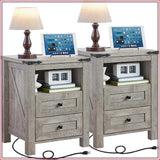 Nightstands Set of 2 with Charging Station, Farmhouse End Table 2 Drawers Shelf, Wood Side Cabinet for Bedroom
