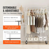 VEVOR Adjustable Length Clothes Rack w/ Bottom Shelf & Wheels for Laundry