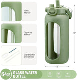 64oz Glass Water Bottles with Straw Time Marker, Half Gallon Large Motivational Water Jug