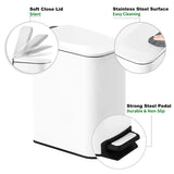Slim Bathroom Trash Can with Lid, Soft Close Step Pedal, 6L Stainless Steel Bin for Bedroom Office Kitchen in White