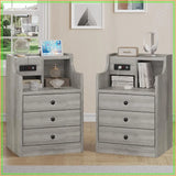 Nightstand Set 2, Grey Side Table with Charging Station, 3 Drawers, Modern