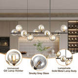 10-Light Matte Black Adjustable Chandelier with Smoked Glass Globe Shades Mid