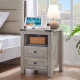 Nightstands Set of 2 with Charging Station, Farmhouse End Table 2 Drawers Shelf, Wood Side Cabinet for Bedroom