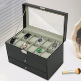 3 Tier Watch & Jewelry Box w/ 12 Watch Slots Tip Tier and 2 Pull -Out Drawers