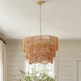 Handwoven Rattan Boho Chandelier 7-Light E26, 60cm Adjustable Wave Pendant