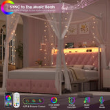Full Size LED Canopy Bed Frame with Storage & Charging Station