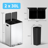 mVm Trash Can Stainless 2 x 30L Kitchen Step Trash Bin for Recycling Waste