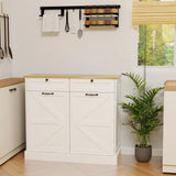 White Farmhouse Kitchen Storage Cabinet with Barn Doors Wooden Top Multi Purpose