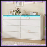 8 Drawer Dresser with LED Light, Modern Chest of Drawers with Hidden Handles and Glass Top for Bedroom