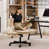TCGBKAF Beige Criss Cross Chair with Adjustable Arms PU Leather Swivel Vanity Chair with Side Pockets Ergonomic Cross Legged Office Chair with Wheels Adjustable Height Computer Desk Chair