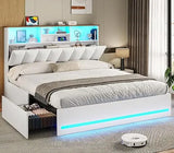 Wooden Bed Frame with Charging Station, Storage Drawers and LED Lights