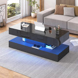 Modern Stylish Coffee Table w/ LED lights, Double-Layer Design for Living Room