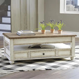 Vintage Inspired Rectangular Lift Top Coffee Table w/ Storage, White&Brown