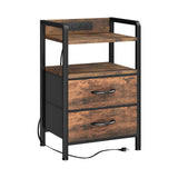 Industrial  Nightstand with Built-in Charging Station, 2 Drawers & LED Lights