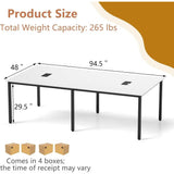 Large 94.5x48 Meeting Table for 8-10 People with Metal Edge, Cable Grommets, Ideal for Boardroom or Office Conference Room (Whit