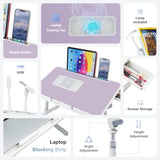 Laptop lap desk for bed use, purple ABS plastic, includes cooling fan, adjustable