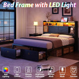 Full Bed Frame With Storage Headboard, LED Light & Charging, Customized