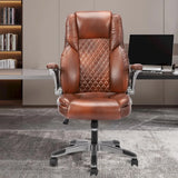 Brown Leather Office Chair with Flip up Arms, High Back Ergonomic Executive Office Chairs