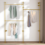 Gold 3-Tier Clothing Rack Wall Mounted Industrial Pipe Garment Rack Heavy Duty Metal Garment Frame