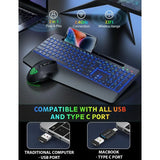 Keyboard and Mouse Backlits, Wrist Rest, LED Mouse, Rechargeable Ergonomic Keyboard with Phone Holder