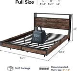 Full Size Bed Frame with Storage Headboard, LED Lights, Charging Station
