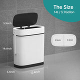 Plastic Garbage Can with Toilet Brush Holder, Black Locking Press Top Lid, Rectangular, Bathroom Trash Can, White, 14 Liter