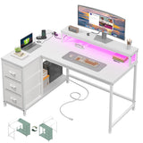 EnHomee L Shaped Computer Desk with LED Lights & Power Outlet Reversible Corner Desk with 3 Drawers & Monitor Stand Gaming Desk