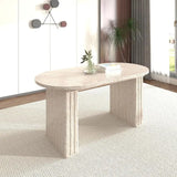 Oval Travertine-Inspired Dining Table for 4-8, Wooden Base, Suitable for Family