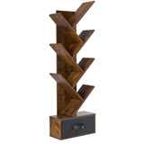 MCQ 7-Tier Tree Bookshelf with Drawer 43IN Wooden Narrow Slim Corner Bookshelf for Small Spaces
