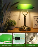Green Glass Bankers Desk Lamp for Study, Office, LED Bulb Included
