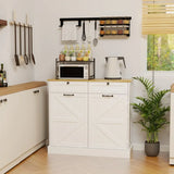 White Farmhouse Kitchen Storage Cabinet with Barn Doors Wooden Top Multi Purpose