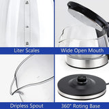 2L Glass Electric Kettle, 1000W Fast Boil with Auto Shut-Off, Transparent White Pot for Tea/Coffee