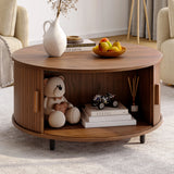 Round 31.5" Modern Coffee Table w/ 360° Curved Sliding Door,Fluted Wood