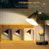 Industrial Black Metal Table Lamp For Bedroom Office w/ 2 USB Charging Ports