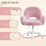 Vanity Chair Round Hollow Back Height Adjustable Faux Fur Wheels Arms Makeup Bedroom