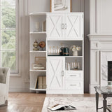 Standalone Farmhouse-Style Kitchen Pantry Cabinet with Hutch, Doored & Shelves