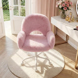 Vanity Chair Round Hollow Back Height Adjustable Faux Fur Wheels Arms Makeup Bedroom