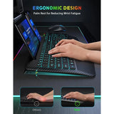 Keyboard and Mouse Backlits, Wrist Rest, LED Mouse, Rechargeable Ergonomic Keyboard with Phone Holder