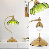 Vintage Green Glass Flower Desk Lamp With Gold Metal Base For Bedroom