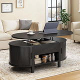 43.3" Oval Lift Top Coffee Table with Hidden Compartment, Fluted Wood