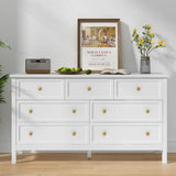 7 Drawer Dresser with Wide Drawers and Gold Metal Handles, 55 White