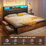 King Size Bed Frame Built in Charging Station & LED, Leather Upholstered