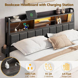 Full Upholstered Storage Bed Frame with LED Lights Charging Station