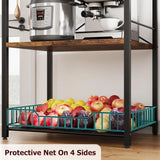 4-Tier Kitchen Bakers Rack & Microwave Oven Stand with Large Wire Basket, Industrial Coffee Bar Station with Hooks, Kitchen Utility Storage